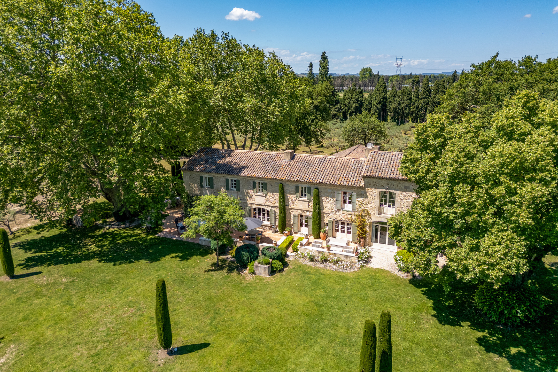 Aerial view of the stone mas and gardens
